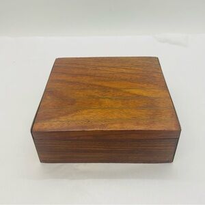 VTG Teak Wooden Jewelry Box Brass Strip Inlay Hinged Lid Brass Sides Made India